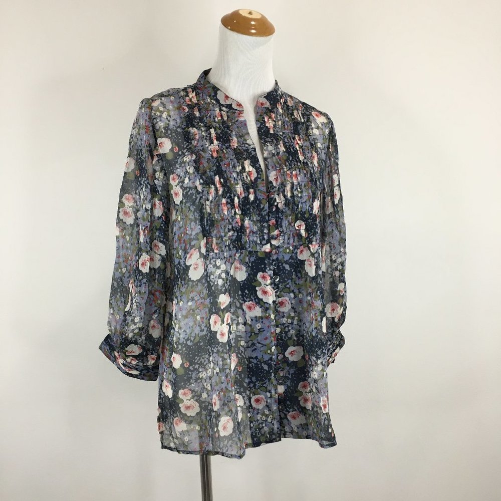 JOIE Long Sleeve Multi-Color Floral Print 100% Silk Pleats Button Shirt